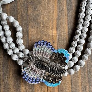 Gray Beaded & Butterfly Necklace with Ribbon Tie